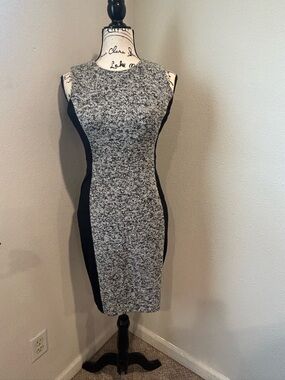 Calvin Klein Black & Gray Tweed Sheath Midi Dress